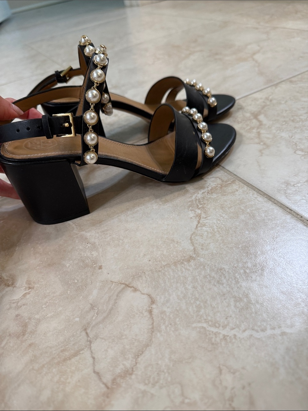 Tory Burch Black Pearl-Embellished Block Heel Sandals - Picture 3 of 5